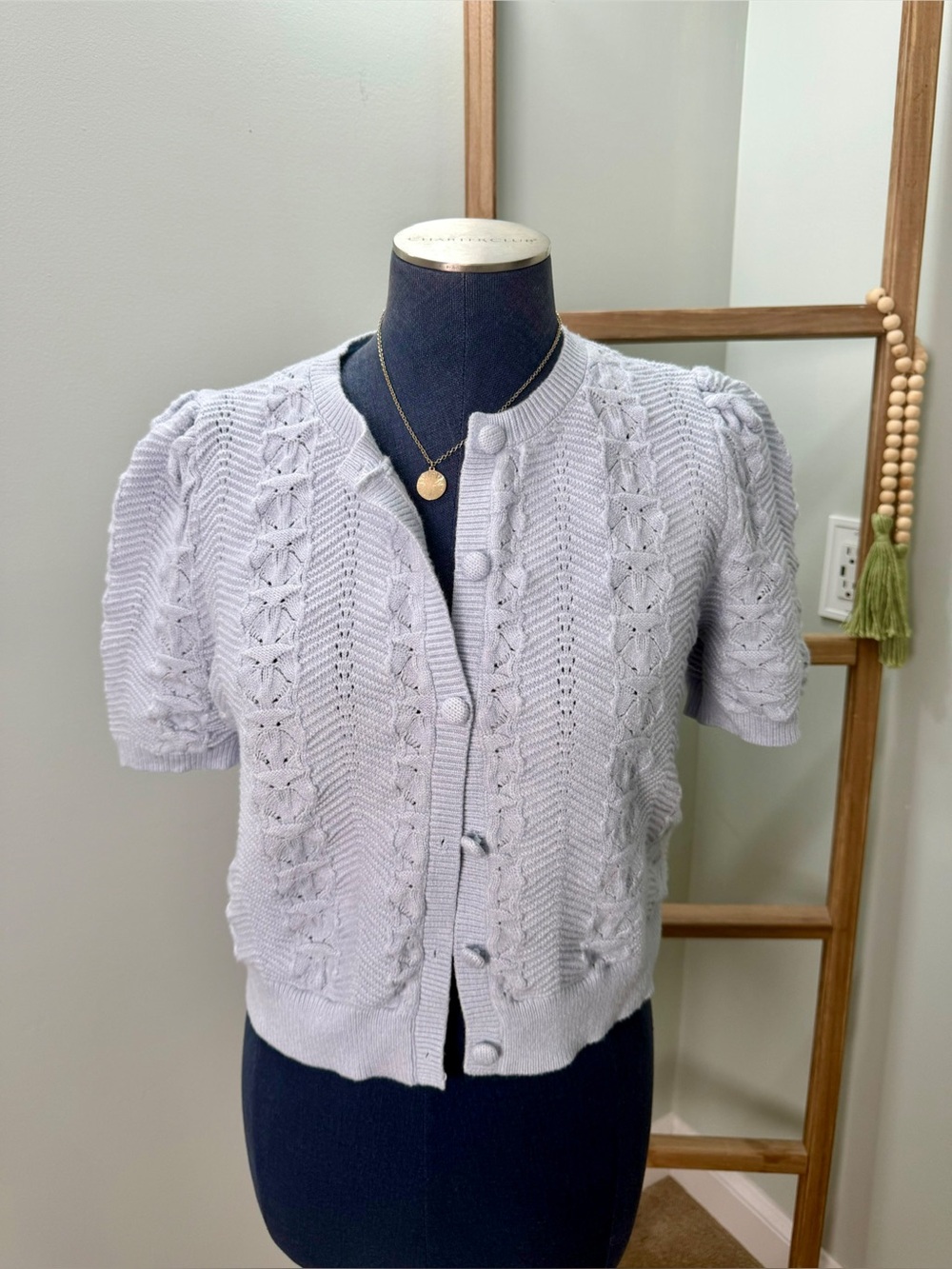 Joie Blue Pointelle Knit Puff Short Sleeve Button Cardigan Sweater Size Medium